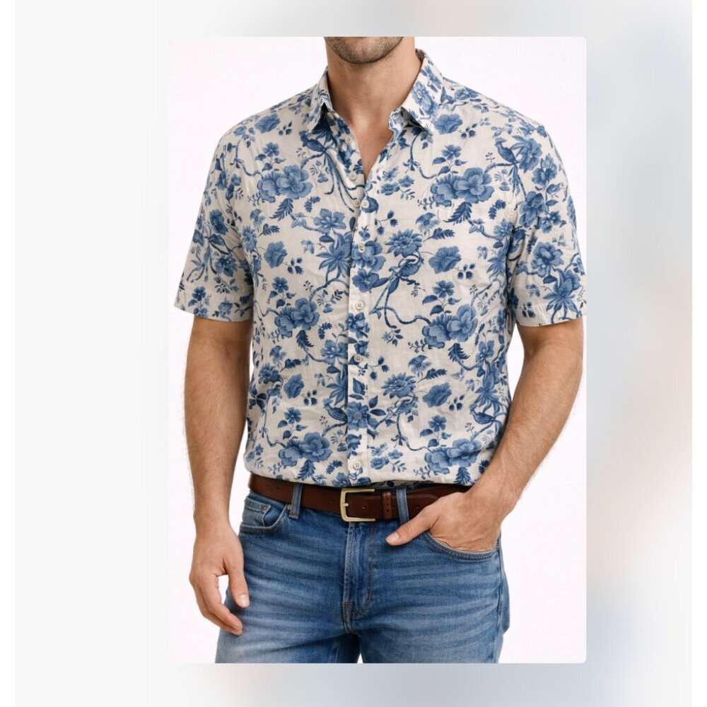 Jared Lang Shirt Mens Medium Blue Floral Short Sleeve Slim Fit Button Up Casual